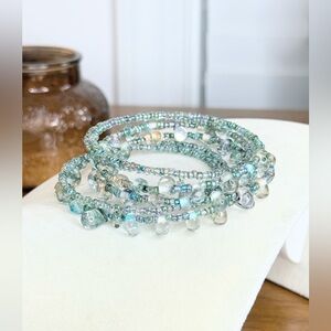 Handmade Aqua Blue Glass Bead Memory Wire Wrap Bracelet Boho Layered Jewelry
